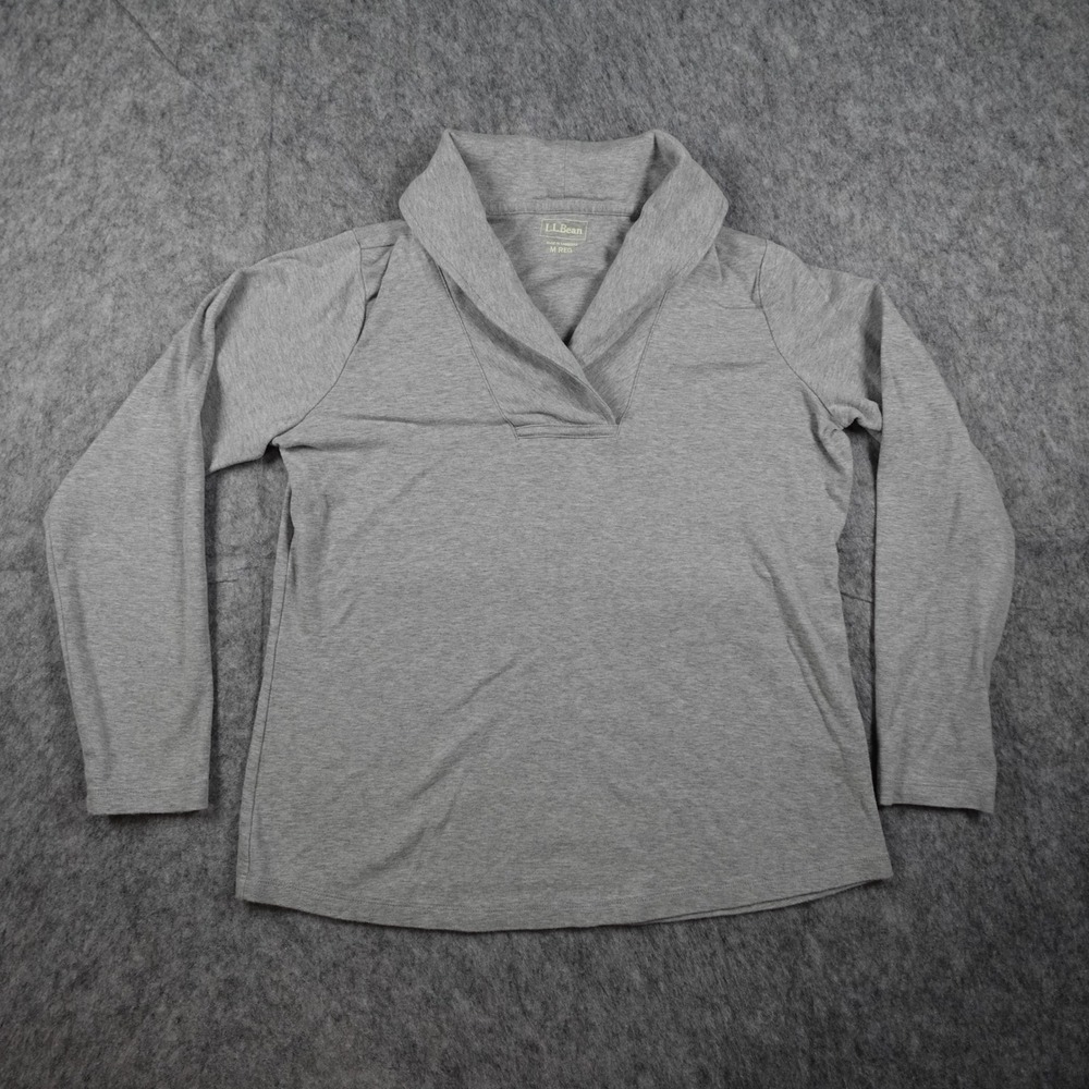 LL Bean Top Women Medium Gray Cotton Long Sleeve Shawl Neck Pullover Solid